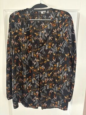DR2 Navy Floral Button-Front Blouse with Orange & White Sprigs, V-neck,